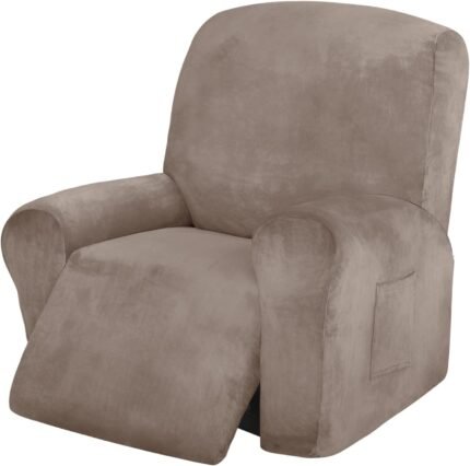 Easy-Going Recliner Chair Cover 4 Pieces Velvet Stretch Reclining Slipcover Non-Slip Couch Cover Soft Thick Washable Furniture Protector (Recliner, Taupe)