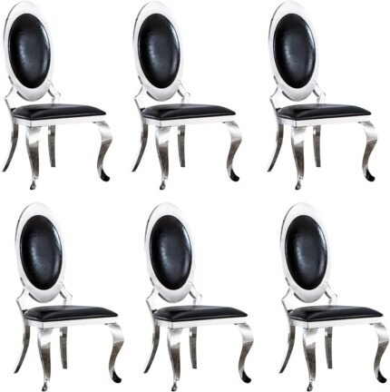 SSLine Modern Luxury Dining Chairs Set of 6 Black Leather Kitchen Dining Room Chair with Shiny Silver Stainless Steel Legs High-End Upholstered Chairs for Living Room Meeting Room