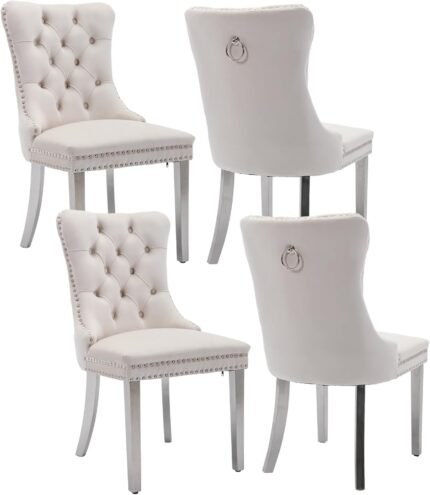 Rhomtree Dining Room Chairs with Velvet Fabric Dining Chairs with Chrome Stainless Steel Plating Legs, Backrest and Button Velvet Fabric Design,Luxury Home Furniture for Dining Room(Beige Set of 4)