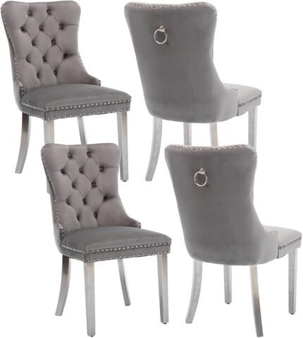 Rhomtree Dining Room Chairs with Velvet Fabric Dining Chairs with Chrome Stainless Steel Plating Legs, Backrest and Button Velvet Fabric Design,Luxury Home Furniture for Dining Room(Gray Set of 4)