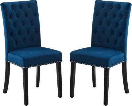 Velvet Upholstered Dining Kitchen Chairs Set of 2, Button Tufted Parsons Dining Room Chair with Solid Wood Legs, Modern Armless Accent Chairs with Nailhead Trim, Navy