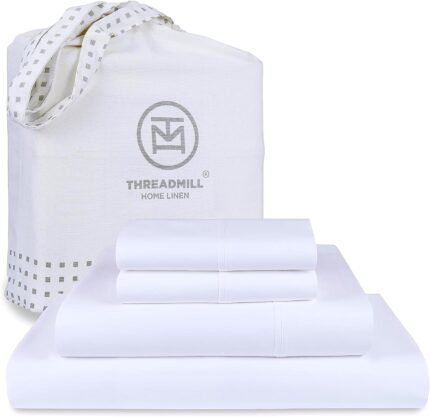 Threadmill Luxury Queen Sheet Set 800 Thread Count for Queen Size Bed - Hotel White Sateen Queen Bed Sheets, Better Than Egyptian Cotton,4 Pc Solid Soft Breathable Bed Set, Fits 16" Deep Pocket