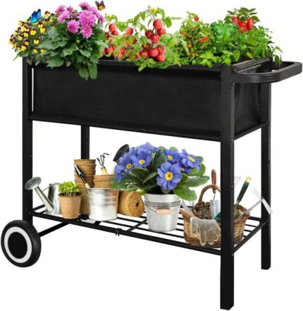 Raised Garden Bed with Legs for Outdoor Plants, Standing Elevated Planter Box Cart on Wheels for Vegetables Flower Herb Patio, Black