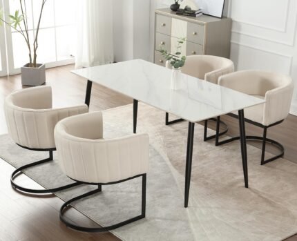 Kmax Linen Fabric Dining Chairs Set of 4 Modern Barrel Arm Chairs with Metal Frame Upholstered Kitchen Chairs for Living Room, Dining Room, Hotel, Beige