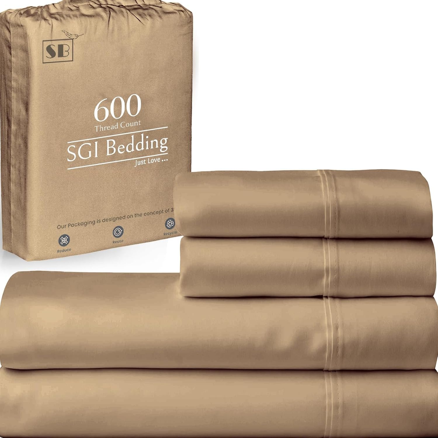 SGI bedding 600 Thread Count 4 Piece 100% Egyptian Cotton Queen Size Sheets Set, 15" Deep Pocket Sheet Set, Premium, Breathable, Soft and Hotel-Quality Luxury Sheets - Taupe