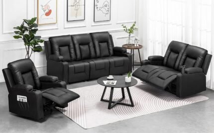 COMHOMA Recliner Chair Set, Leather Recliner Living Room Furniture Sets, Recliner Sofa Loveseat (Black,Living Room Set 3+2+1)