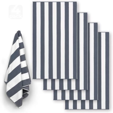Luxury Large Beach Towel Extra Soft 40 x 72 inch Prime Yacht Classic Cabana Stripe Hotel Pool & Resort Style Double Terry Yarn Dyed 100% Cotton (Gray - 4 Pack)