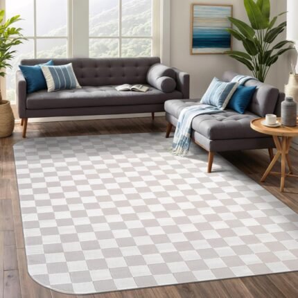 Beverly Rug Modern Geometric Area Rug 8x10 Low-High Pile Durable Soft Abstract Checkered Indoor Rugs for Living Dining Room Office Stain Resistant Non Shedding Casual Indoor Carpet Beige White 8 x 10