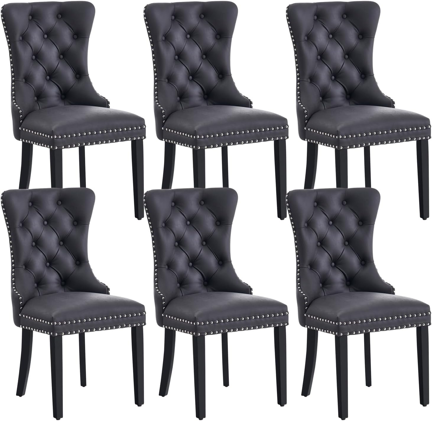 Leather Dining Chair Set of 6, Dining Room Chairs with Nailhead Ring Pull Trim, Upholstered Dining Chairs with Solid Wood Legs for Kitchen Dining Room (Black)