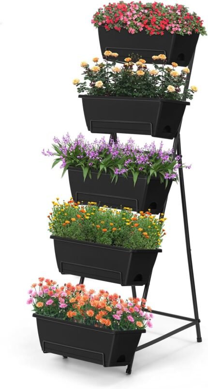 5 Tier Vertical Raised Garden Bed Planter Box, Vertical Raised Bed with Drainage Holes for Indoor Outdoor Herbs Flowers Vegetables Plants, Black