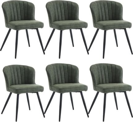 Modern Upholstered Dining Chairs Set of 6 Green Leather Dining Room Chairs Armless Kitchen Chair with Black Metal Legs