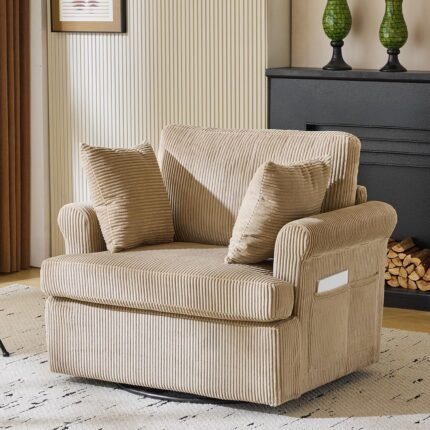 Karl home 39" Swivel Accent Chair,Oversized Seat Armchair W/2 Pillows and 4 Pockets,Modern Upholstered Corduroy Barrel Chairs,Comfy Single Sofa for Living Room,Reading,Bedroom and Office-Khaki