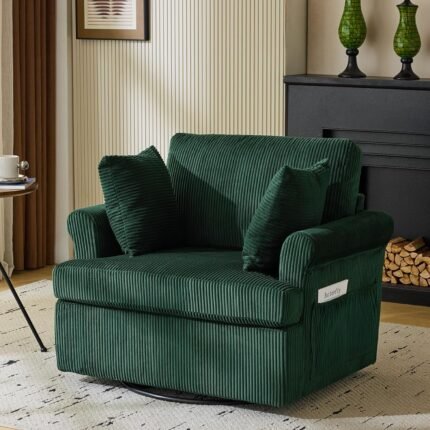 Karl home 39" Swivel Accent Chair,Oversized Seat Armchair W/2 Pillows and 4 Pockets,Modern Upholstered Corduroy Barrel Chairs,Comfy Single Sofa for Living Room,Reading,Bedroom and Office-Dark Green