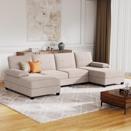 JAMFLY Sectional Sofa Couches for Living Room, U Shaped Sofa Living Room Furniture Sets, 4 Seat Modular Sectional Couch with Chaise, Dark Beige