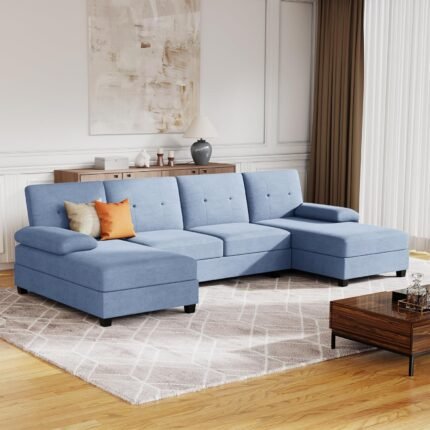 JAMFLY Sectional Sofa Couches for Living Room, U Shaped Sofa Living Room Furniture Sets, 4 Seat Modular Sectional Couch with Chaise, Blue