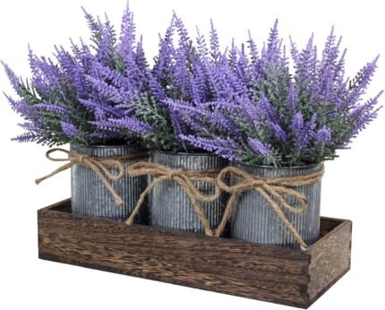 Set of 3 Small Potted Plants Arrangement Artificial Lavender Flower Plants in Rustic Galvanized Metal Pots with Decorative Wood Tray for Farmhouse Table Centerpiece Windowsill Country Indoor Decor