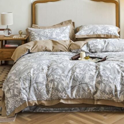 Grey Cotton Duvet Cover Queen Size, 3 Pieces Soft Percale Duvet Cover Set, 1 Tropical Botanical Duvet Cover 90x90 Inches with Zipper and 2 Pillowcases