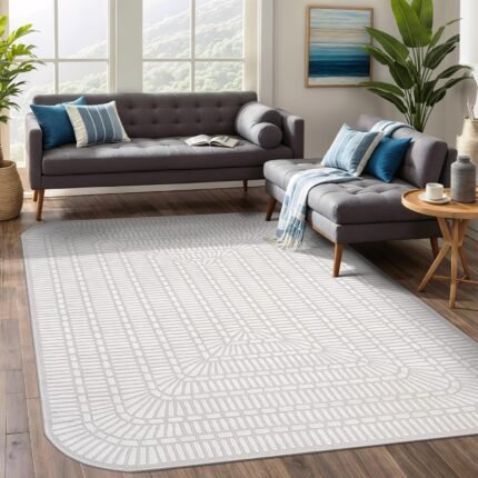 Beverly Rug Modern Geometric Area Rug 8x10 Low-High Pile Durable Soft Abstract Grid Indoor Rugs for Living Dining Room Office Stain Resistant Non Shedding Casual Indoor Carpet Beige White 8 x 10