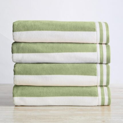 Great Bay Home 100% Cotton Velour 4 Pack Beach Towels - Green/White Cabana Stripe Pool Towels - Quick Dry, Large Swim Towels for Adults and Kids (4 Pack 30" x 60", Eucalyptus Green/White)