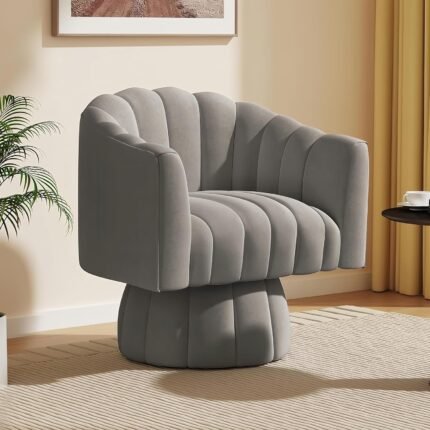 Accent Chair Mid Century 360 Degree Swivel Chair,Modern Lounge Sofa Round Barrel Chair with Wide Upholstered,Fluffy Velvet Fabric Chairs for Home Sofa Living Room/Bedroom/Waiting Room (Grey)