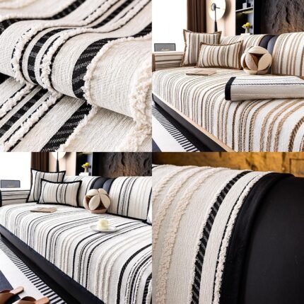 Luxury Sectional Couch Cushion Cover for Furniture Protect,Washable Sofa Cover for Sofa,Striped Chenille Non-Slip Sofa Slipcover,Couch Protector for Dog,Khaki_4 Seat 28x82in/70x210cm