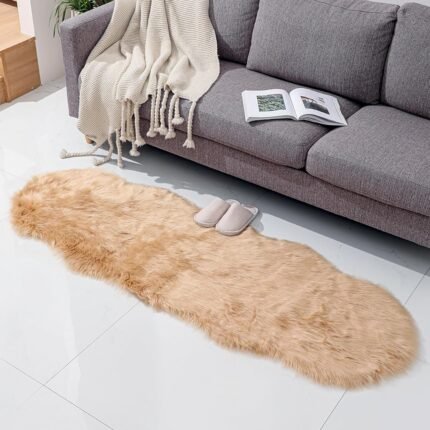 Faux Fur Rug Sheepskin Shag Fluffy Fuzzy Beige 2x6 ft Runner Rugs for Bedroom Bedside Bed Floor Living Room Plush High-Density Cushion Carpet Super Sofa Cover