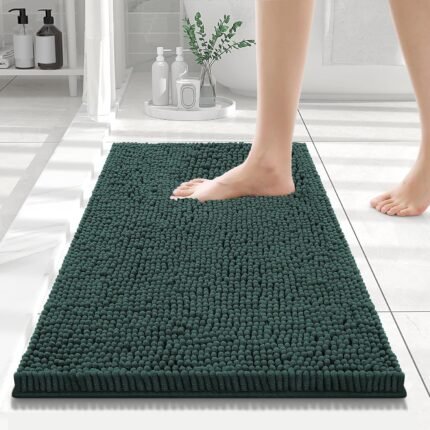Smiry Luxury Chenille Bathroom Rugs 24x16, Extra Soft and Absorbent Shaggy Bath Mat, Machine Washable, Non-Slip Plush Carpet Runner for Tub, Shower, and Floor, Home Decor Accessories, Green