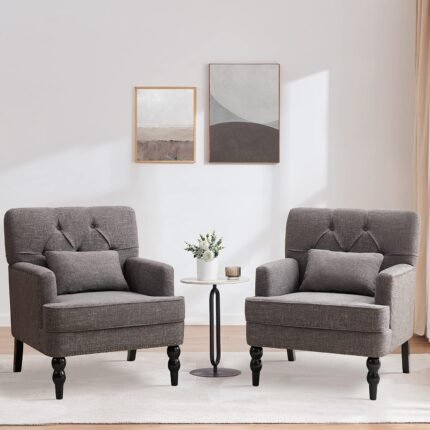 HUIMO Tufted Club Chair Set of 2,Accent Chair with Lumbar Pillow, Upholstered Button Armchair, Fabric Sofa Chairs for Bedroom, Living Room, Mid Century Modern with Studded Reading Chair(2,Grey)