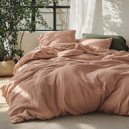 Bedsure Linen Duvet Cover Queen Size - Linen Cotton Blend Bedding Set, Soft & Cozy, 3 Pieces, 1 Duvet Cover 90x90 Inches and 2 Pillowcases, Camel Color Cooling Bedding, Comforter Sold Separately